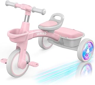 SEREED Colorful Lighting Toddler Tricycle Gift Toy for Ages 2-5 Boys Girls | Easy Snap Assembly,Lighting Wheels,Lightweight Sturdy Frame,Adjustable Seat & Handlebar,Detachable Baskets
