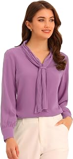 Allegra K Women's Elegant Work Office Blouse Long Sleeve Pleated Tie Neck Top Shirt