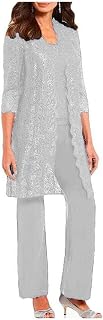 3 PC Mother of The Bride Pants Suit for Wedding Long Lace Jacket Chiffon Women Outfits for Prom Evening