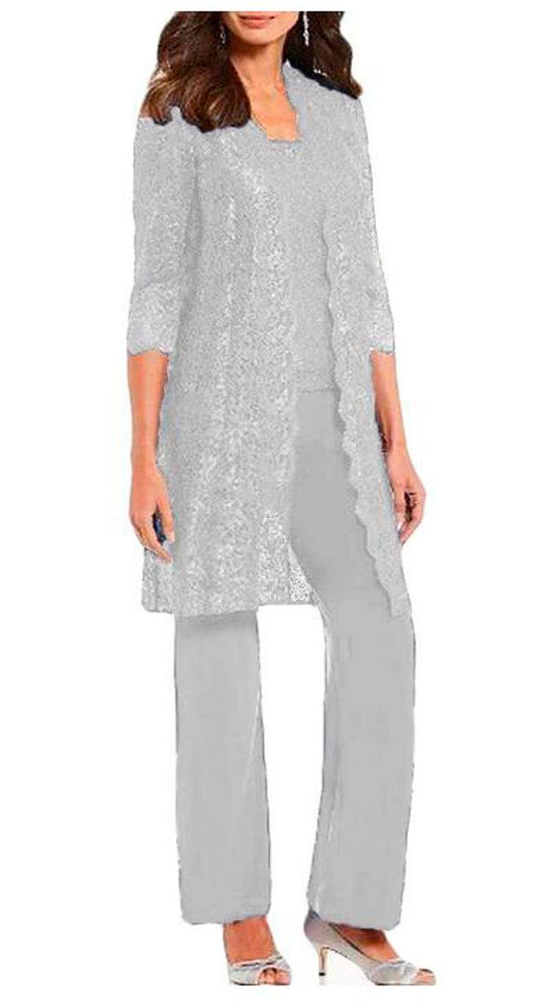 3 PC Mother of The Bride Pants Suit for Wedding Long Lace Jacket Chiffon Women O