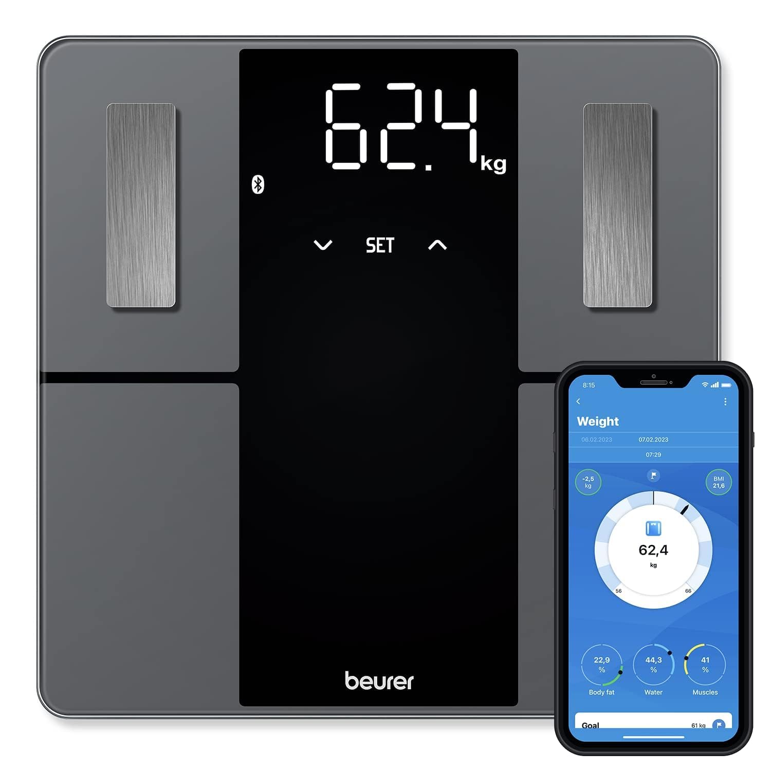 Beurer BF 500 Digital Personal Scales with Bluetooth & App with Fat Measurement,