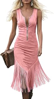 Funnyrap Vintage Dresses for Women Sleeveless Retro Fringe Western Dress | Faux Suede Fringe Western Midi Dress Sleeveless Zip Front Slim Fit Cowgirl Dress Country Concert Outfit