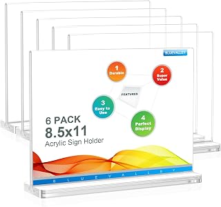 BlueValley 6 pack Acrylic Sign Holder 8 1/2 by 11 Inches, Clear Plastic Flyer Document Menu holder, Double Sided Certificate Paper Frame Display Stand for Ad Photo Picture Office Store Restaurant - Horizontal