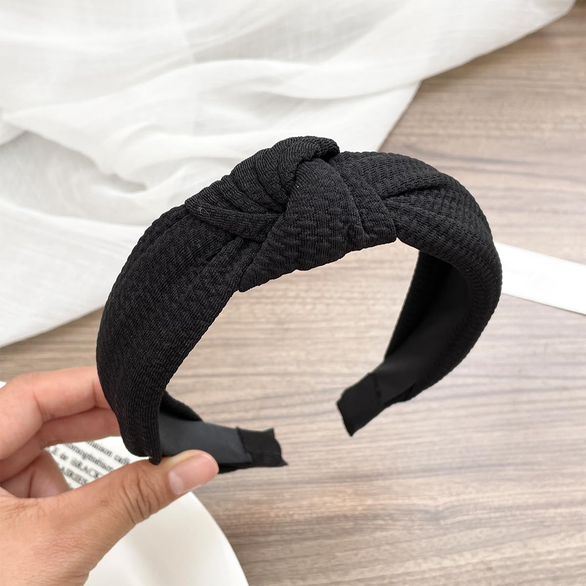 Knotted Plaid Fabric Hair Wrap for Women Wide Soft Band with Textured Surface an