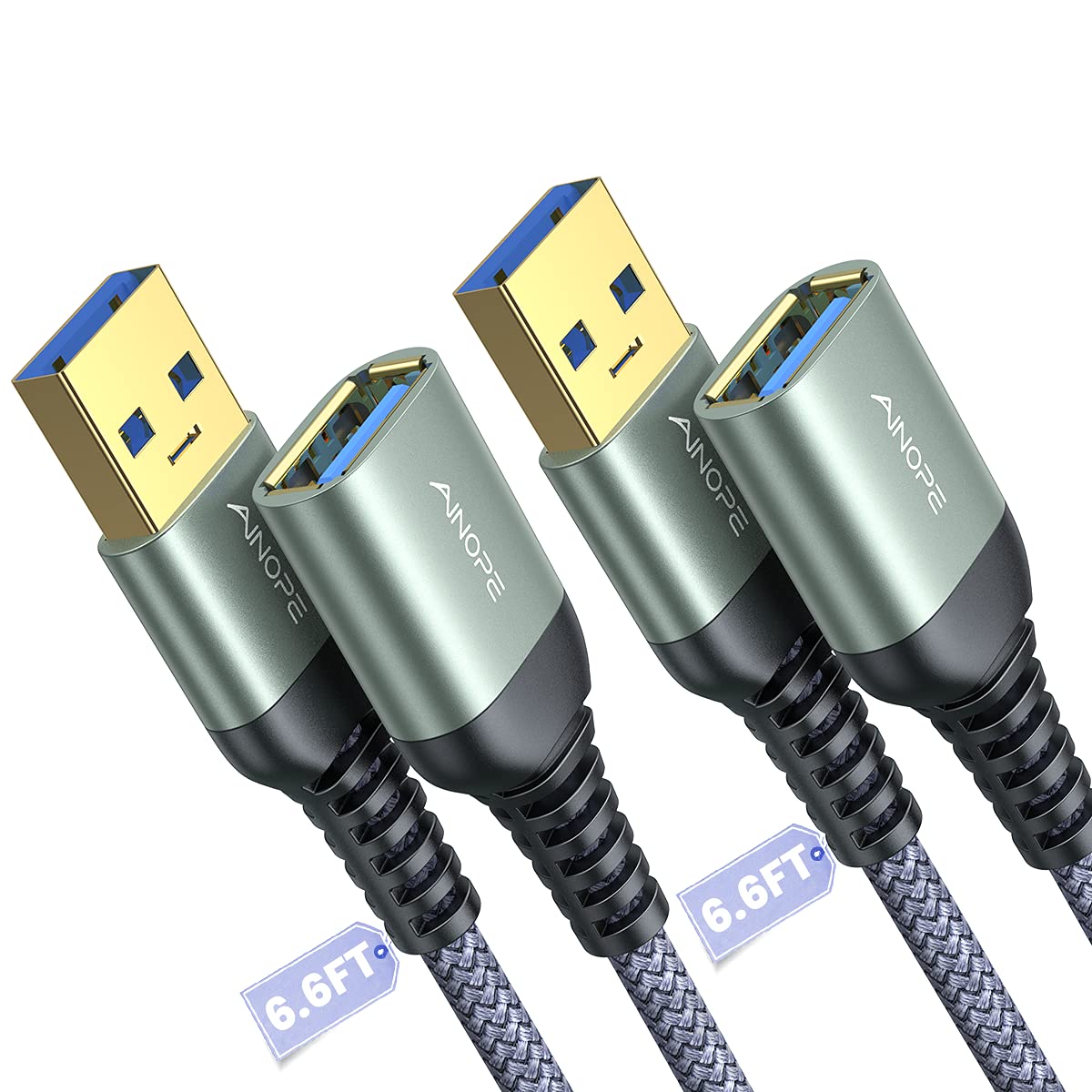 AINOPE USB Extension Cable 6.6FT 2 Pack Nylon Braided USB 3.0 Extender | 5 Gbps 