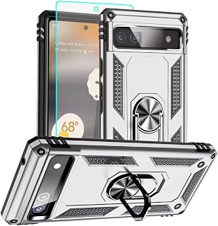 for Pixel 6a Case, Google Pixel 6A Phone Case with HD Screen Protector, [Military Grade 16ft. Drop Tested] Ring Shockproof Protective Phone Case for Google Pixel 6a,Sliver