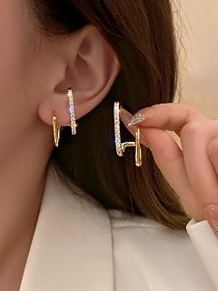 Stud Earrings for Women Shiny Rhinestone Double Line Daily Wear Jewelry One Size Metal No Gemstone