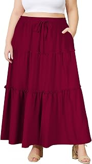 Moon Wood Jupe Longue Femme Ete Elastique Taille Haute Jupe Plissée avec Poches A-Ligne Maxi Skirt de Plage Grande Taille