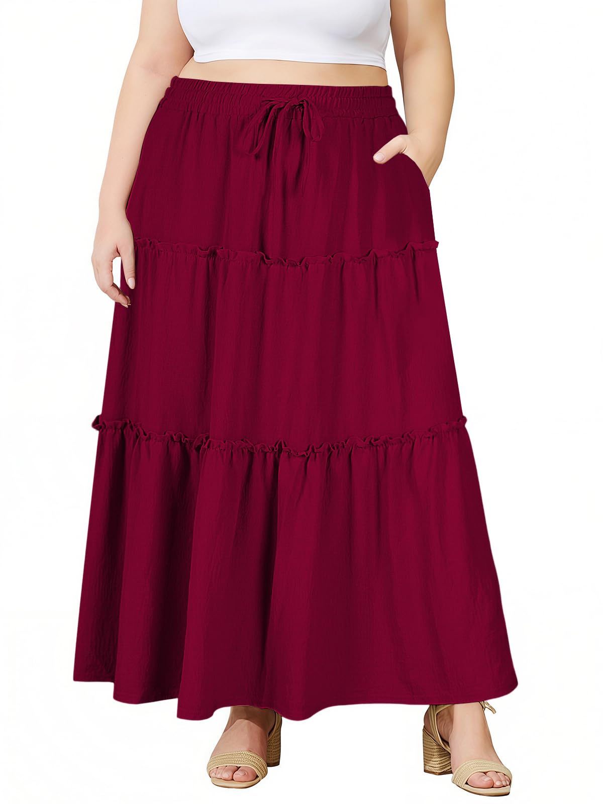 Moon Wood Jupe Longue Femme Ete Elastique Taille Haute Jupe Plissée avec Poches 