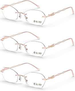 LUFF Rimless Reading Glasses for Women Blue Light Blocking Lightweight Metal Classic Computer Readers Anti Eyestrain Case
