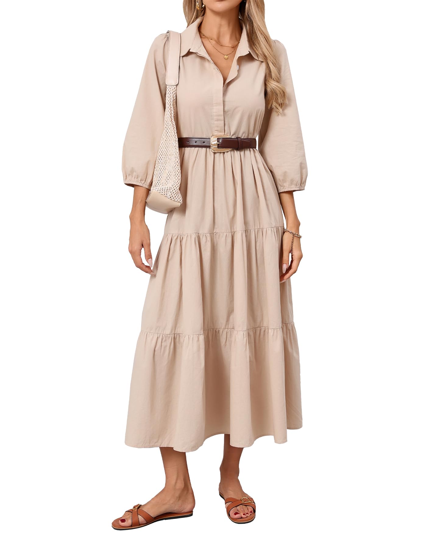 Women Button Down Maxi Shirt Dress Long Sleeve Flowy Tiered Collared Dresses wit