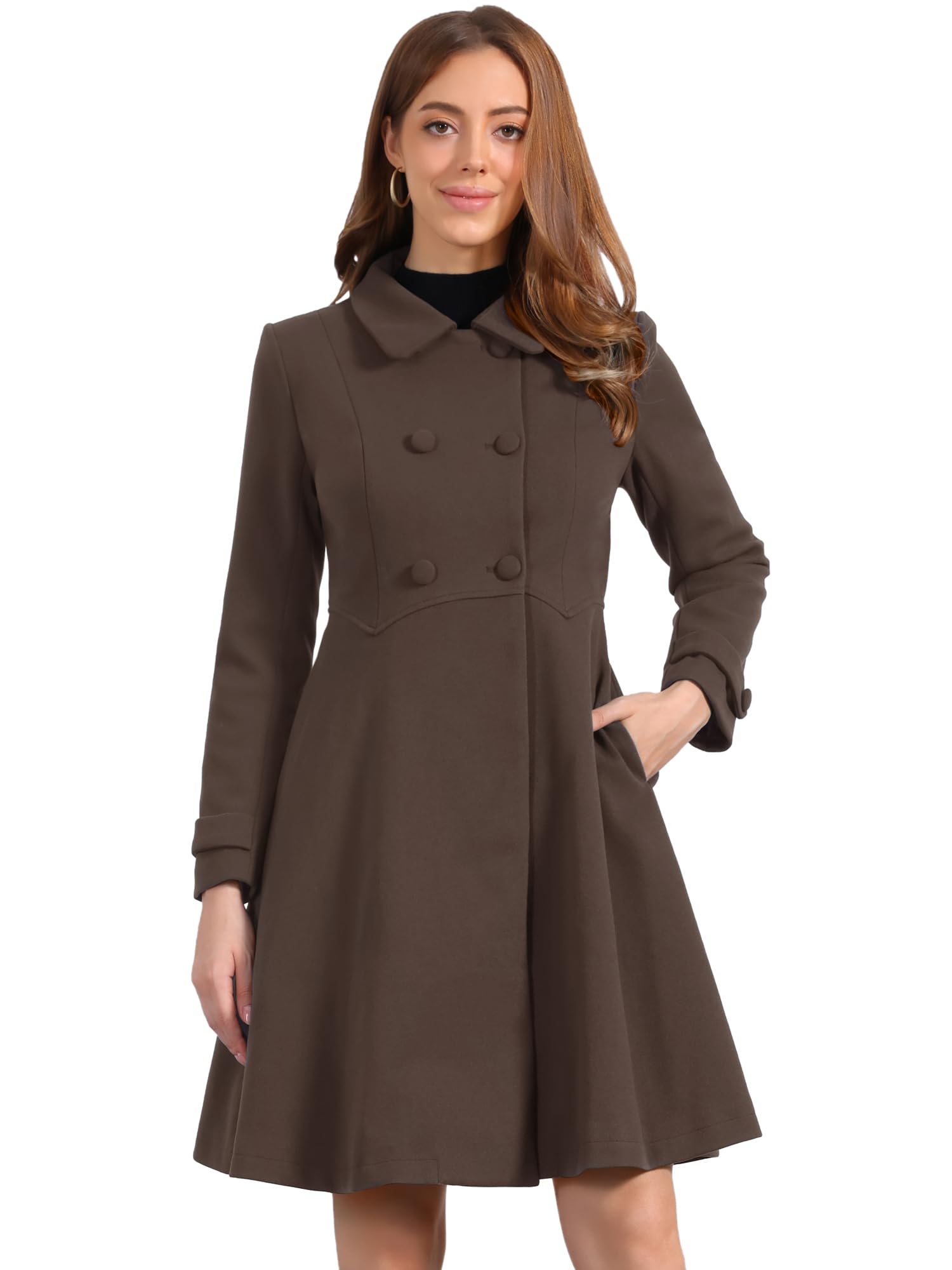 Allegra K Women's Winter Coats Lapel Collar Long Swing A Line Pea Coat