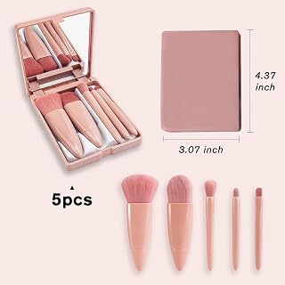 5PCS Portable Travel Makeup Brush Set With Mirror, Mini Complete Function Cosmetic Brushes Kit, Blush Brush Eyeshadow Brush With Mirror Box