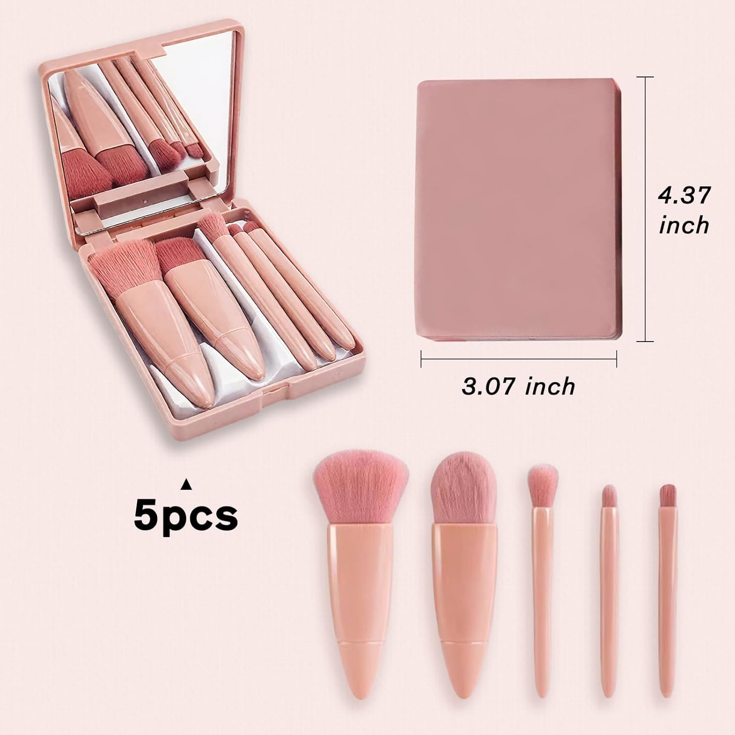 5PCS Portable Travel Makeup Brush Set With Mirror, Mini Complete Function Cosmet