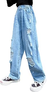 Rolanko Girls Jeans Denim Elastic Wasit Wide Leg Baggy Pants Kids Clothes 4-14 Years
