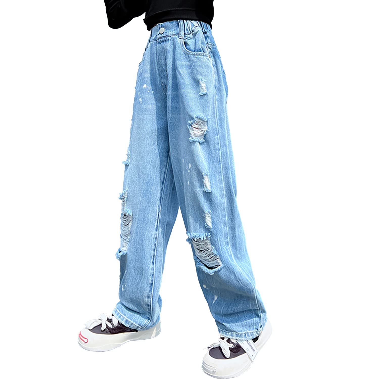Rolanko Girls Jeans Denim Elastic Wasit Wide Leg Baggy Pants Kids Clothes 4-14 Y