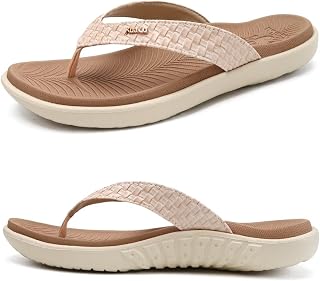 KuaiLu Women's Flip-Flops, Leather Toe Separator with Arch Support for Summer, Beach, Women's Comfortable Yoga Mat Thong Sandals for Plantar Fasciitis