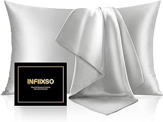 INFIIXSO Mulberry Silk Pillow Cases Standard Size with Zipper, Light Grey | Ultra Smooth & Soft Silk Pillowcase for Hair & Skin, Cooling Pillow Cover for Hot Sleepers, Hidden Zipper, 1Piece 20"x26"