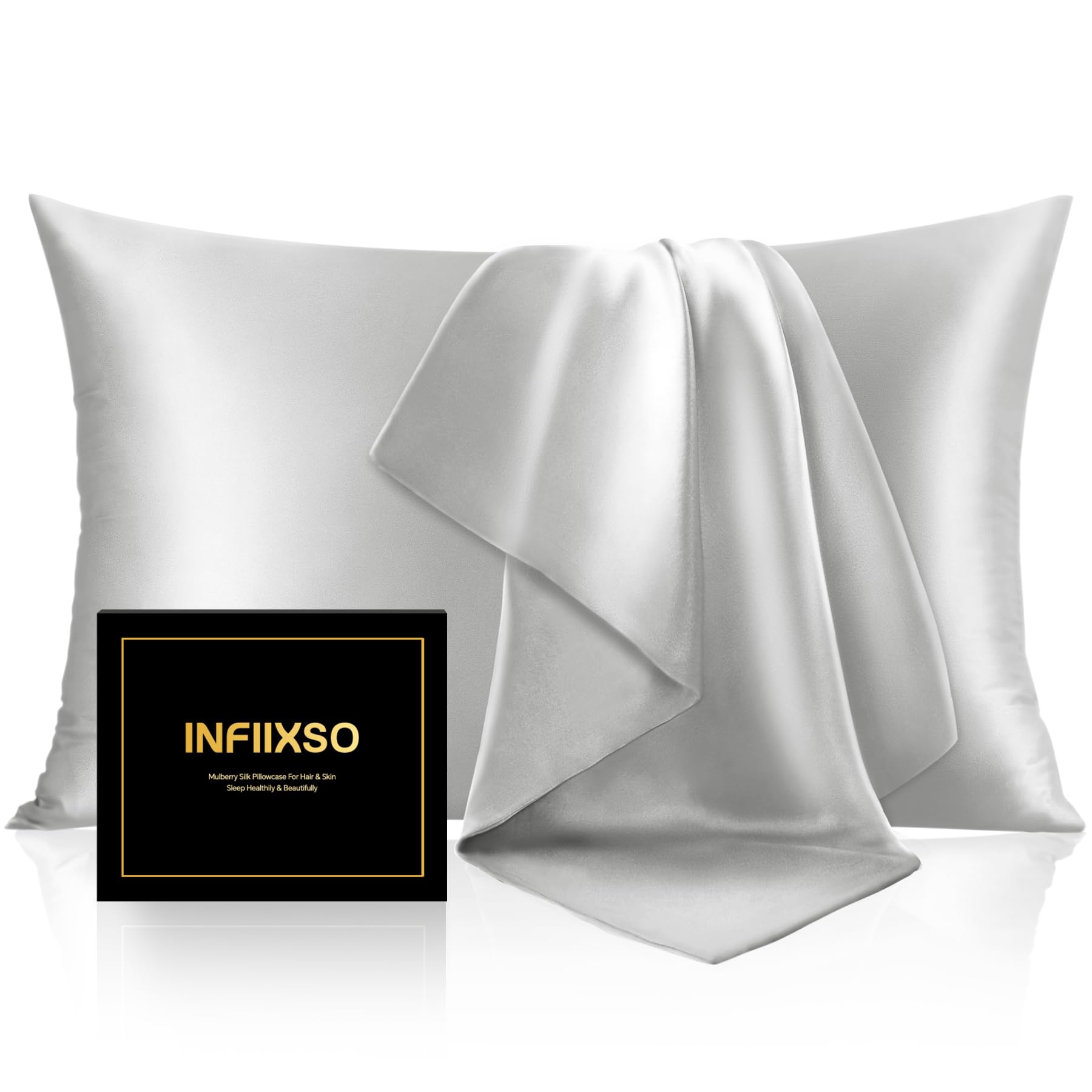 INFIIXSO Mulberry Silk Pillow Cases Standard Size with Zipper, Light Grey | Ultr
