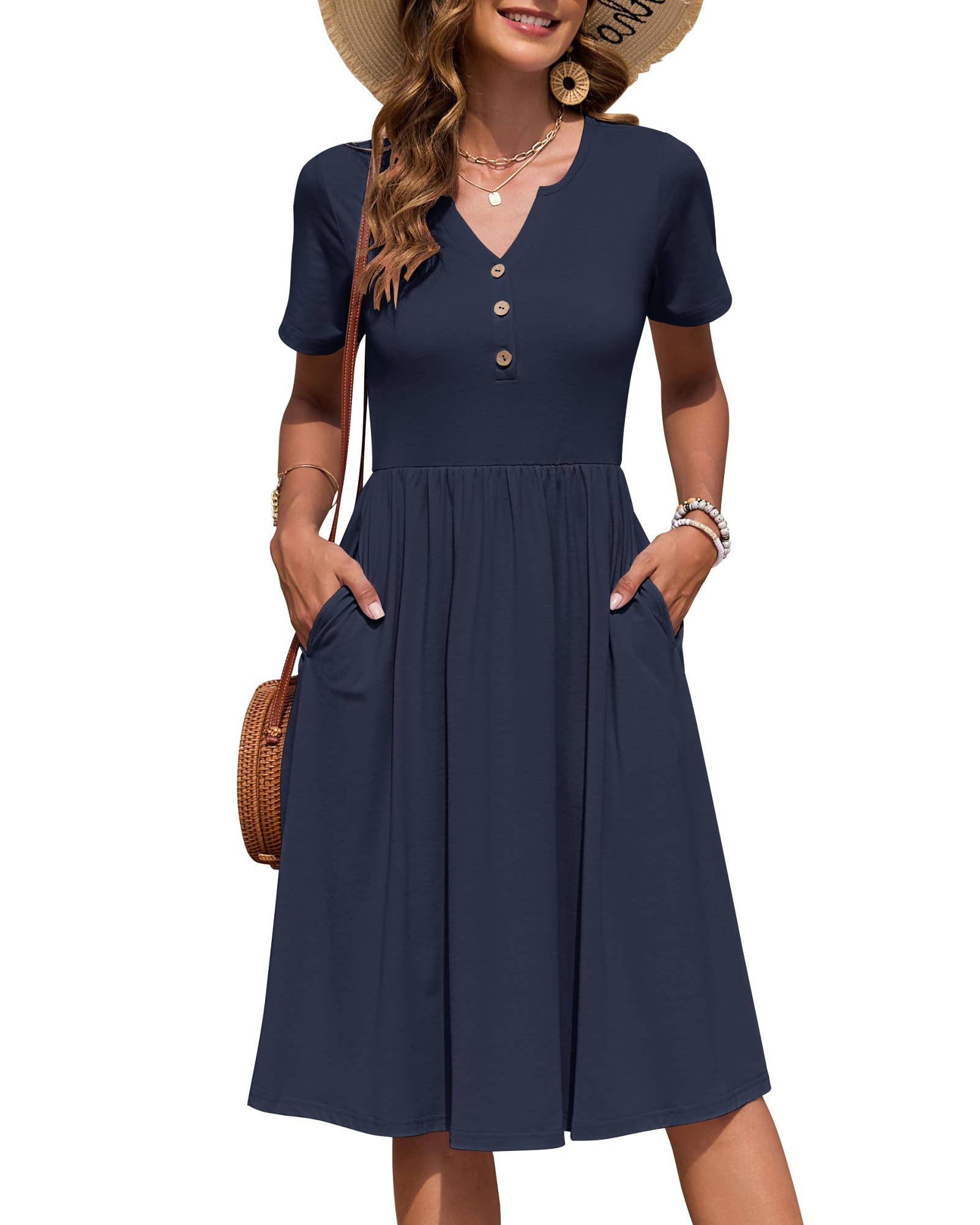 AUSELILY Women's Summer Short Sleeve Knee Length Dress with Pockets