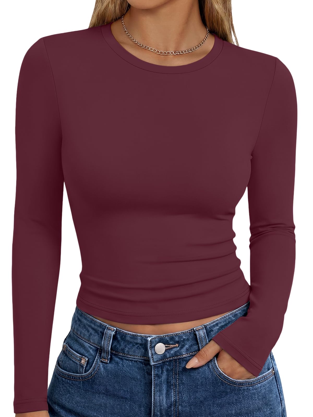 Trendy Queen - Women Fashion Long Sleeve Tops Basic Going Out Crop Top Workout C