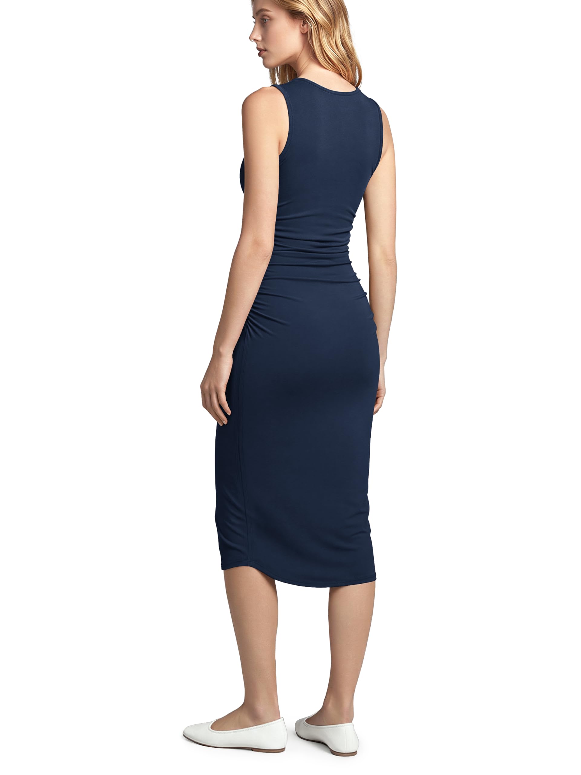 ODODOS Women's Side Shirred Midi Tank Dress Cloud Feeling Crewneck Sleeveless Bo