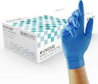 Unigloves Unicare Nitrile Examination Disposable Box of 100 Blue Gloves | Multipurpose, Powder Free, Medical Gloves, Medium (GS0033)