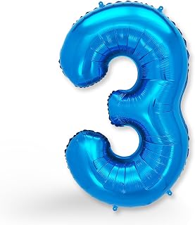 Funxgo Foil Balloon Number 3 – Helium Balloon, Balloon Number, Refillable Giant Balloon Number – Party Decoration for 3rd Children's Birthday, Anniversary – Blue