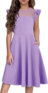 Flypigs Girls Dresses Summer Formal Party Wedding Ruffle Sleeve Mesh Knee Length A Line Dress with Pockets