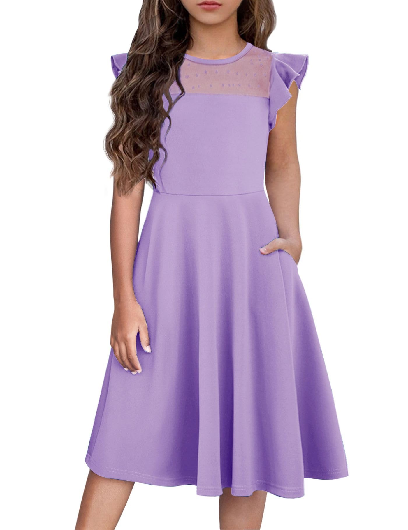 Flypigs Girls Dresses Summer Formal Party Wedding Ruffle Sleeve Mesh Knee Length