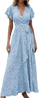 Women Floral Midi Dress Summer V Neck Flutter Sleeves Empire Waist Belt Midi Dress Ruffle Wedding Guest Dress