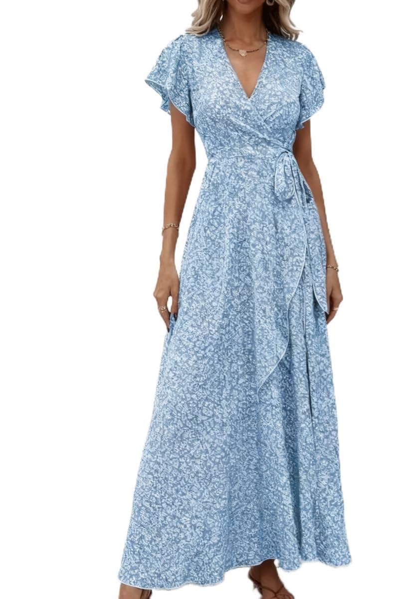Women Floral Midi Dress Summer V Neck Flutter Sleeves Empire Waist Belt Midi Dre