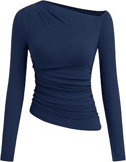 CIDER Off The Shoulder Tops for Women Long Sleeve Shirts Asymmetrical Neck Ruched Going Out Tops Y2K Slim Fit Fall Top