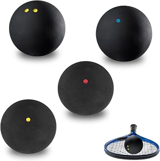Mechioo 4Pcs Squash Balls Double Yellow Dot/Red Dot/Blue Dot | Three Different Colour Squash Ball, for Elite Intermediate Beginner Junior Competition and Training