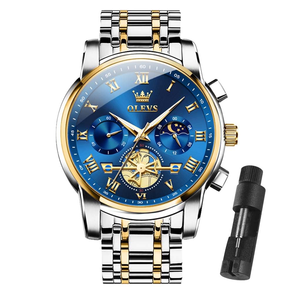 OLEVS Men's Stainless Steel Chronograph Watch, Big Face Multi Dial Waterproof Lu