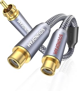 RCA Y Splitter 1 Male to 2 Female RCA/Phono Splitter Cable Stereo Y Adapter Gold-Plated Plug for Subwoofer, TV, CD Player, Home Theater-Grey(1Feet/30cm)