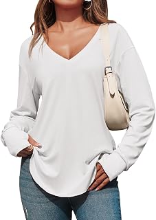 Tankaneo Maglietta da donna con scollo a V profondo, a maniche lunghe, oversize, casual, vestibilità larga, orlo curvo