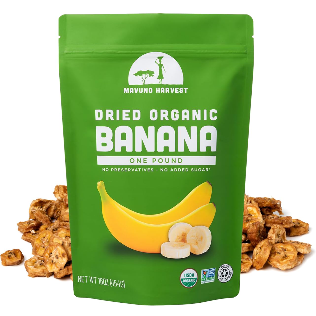 Mavuno Harvest Organic Banana Chips - No Sugar Added - 1 lb Resealable Bag | Nat