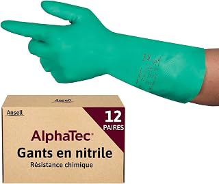 Ansell AlphaTec 37-675, Chemical Resistant Nitrile Gloves, Waterproof Work Gloves, Latex Free Protective Gloves, Food & Cleaning, Green, Nitrile Gloves S 12 Pairs