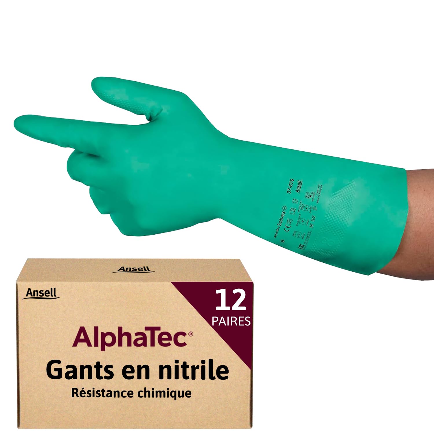 Ansell AlphaTec 37-675, Chemical Resistant Nitrile Gloves, Waterproof Work Glove