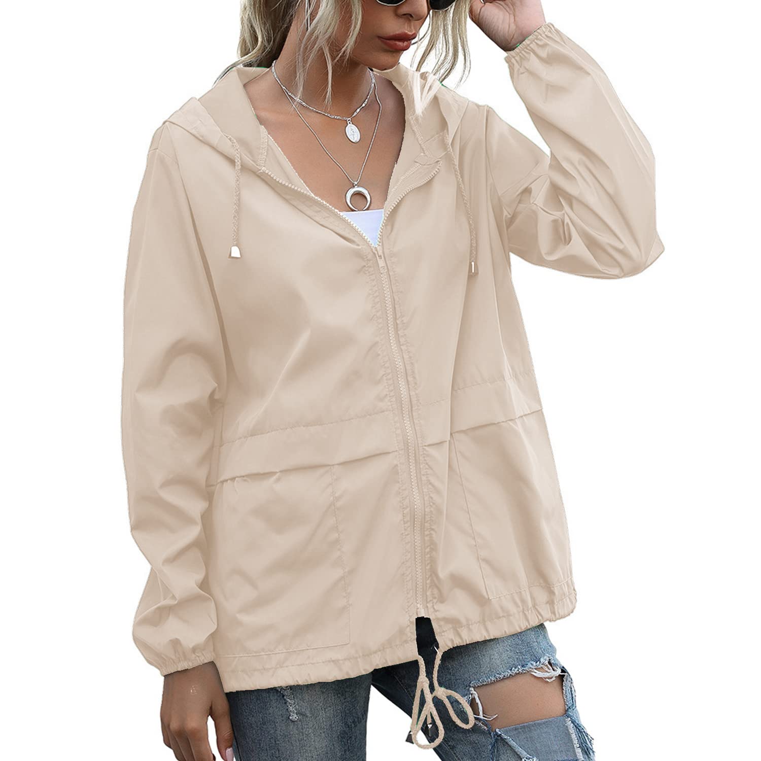 PESION Women's Waterproof Raincoat Lightweight Rain Jacket Hooded Windbreaker wi