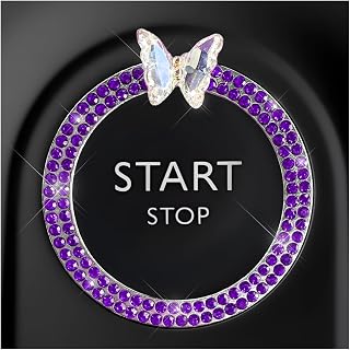 DXNQ Bling Ring Emblem, Sparkling Butterfly Car Buttons and Knobs Ring, Girly Butterfly Diamond Car Engine Start Button Cover, Key Ignition Knob Rings Decoration for Women (Purple, Double Row)