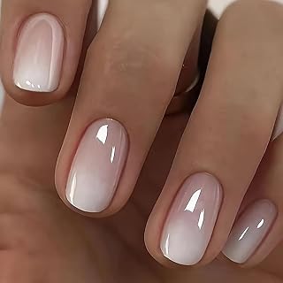24pcs False Nails Short Square Press-On Nails, Pink White Gradient Fake Nails, French Acrylic Full Cover Glue On Nails, Elegant Design Nails Natural Reusable Stick On Nails for Women, Girls, Daily