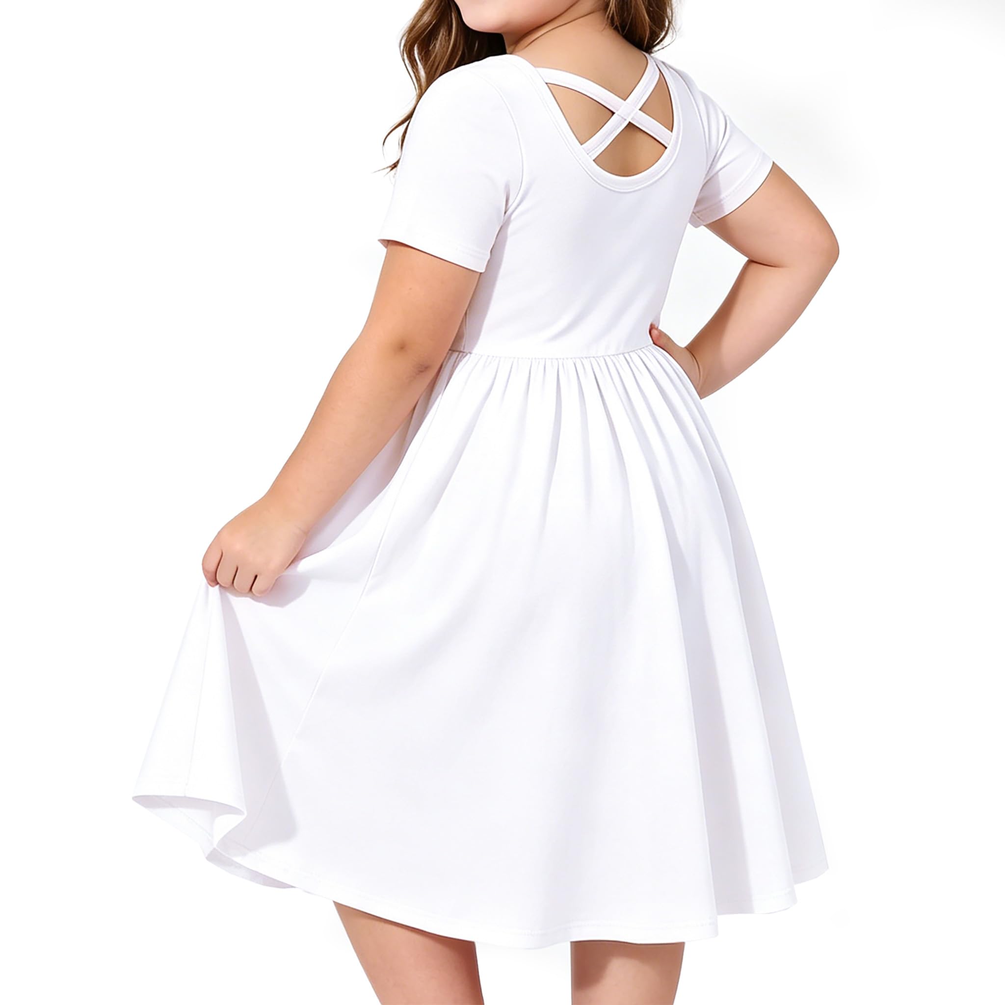 Girl Short Sleeve Dress Cotton A-Line School Dress with Pockets
