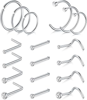 AVYRING Nose Rings Hypoallergenic Stainless Steel L-Shaped Nose Stud Screws with Cubic Zirconia Nose Piercing Jewellery 22G 20G 18G, Pack of 8 Pieces 18 Pieces or 24 Pieces