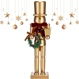 Blosssound 15" Gold Christmas Nutcracker Decor Neutral Figurine, Wreath | Wooden Gold Nutcracker Ornament, Velvet Bow Design, Winter Christmas Holiday Table Decor, Xmas Party Favors