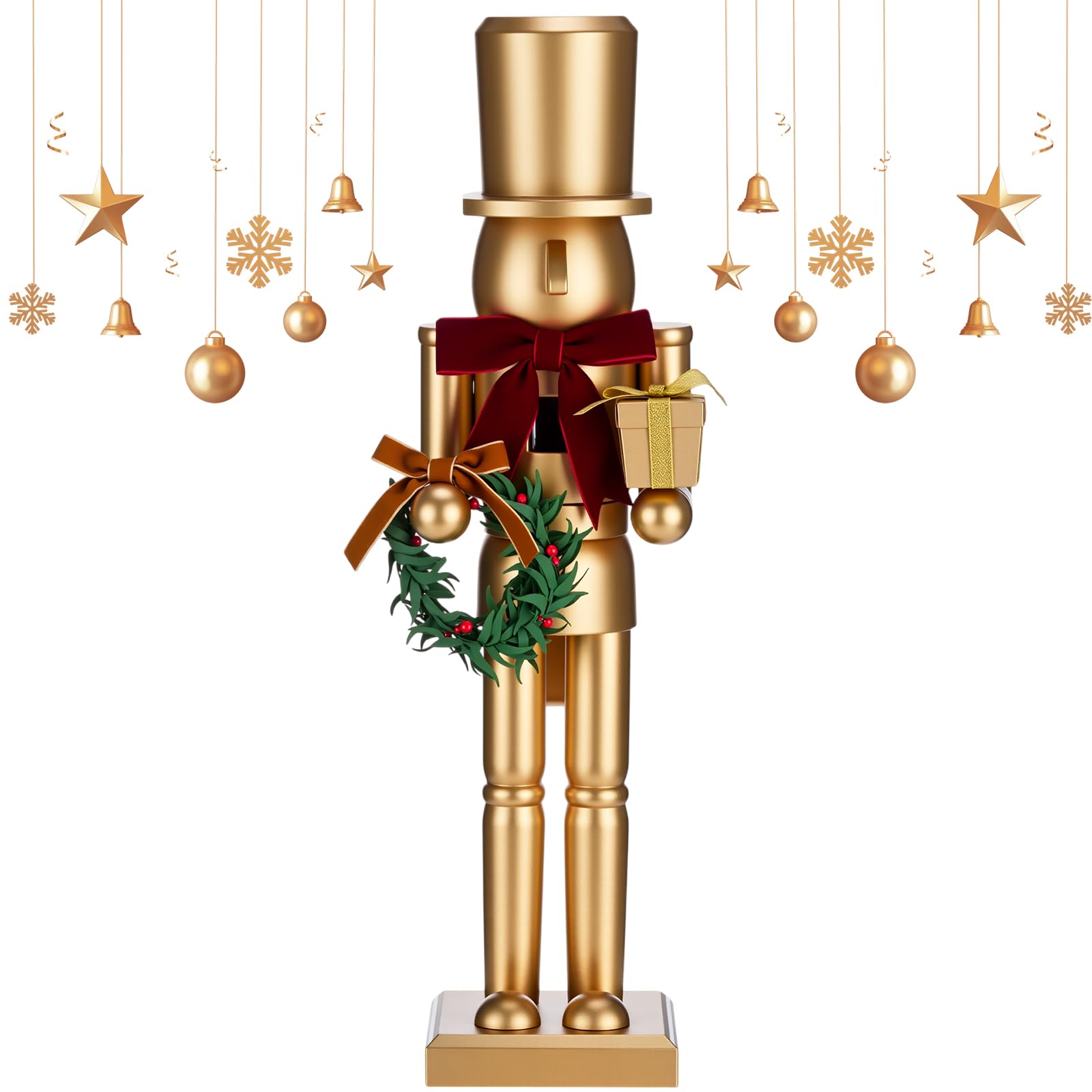 Blosssound 15" Gold Christmas Nutcracker Decor Neutral Figurine, Wreath | Wooden