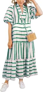 chouyatou Women's Summer Puff Sleeve Striped Midi Long Dress Notch Neck A-Line Tiered Boho Beach Dress