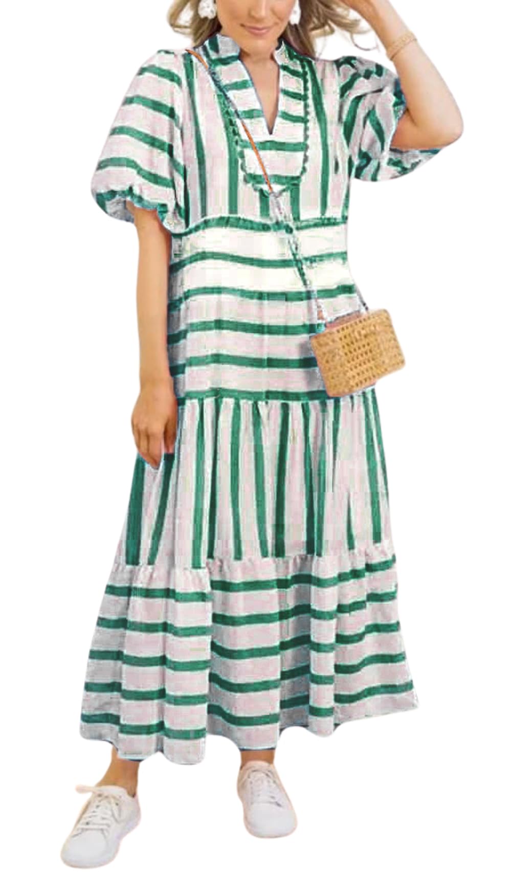 chouyatou Women's Summer Puff Sleeve Striped Midi Long Dress Notch Neck A-Line T