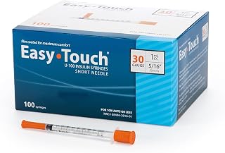 Easy Touch 30 Gauge U-100 Insulin Syringes (30G 1cc 5/16") with 5/16" Long Needle, 1cc (100 Unit Capacity), Bold Markings for Accurate Dosing, Disposable, Box of 100